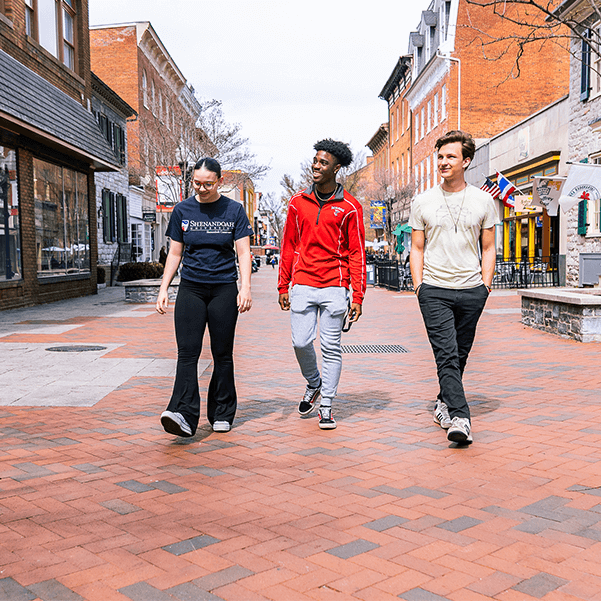 students walking downtown