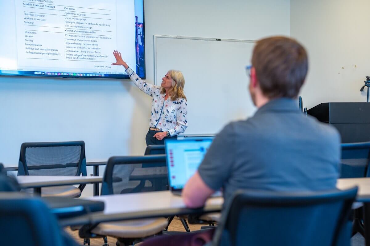 Professor explains content on a screen in a Shenandoah University educational leadership doctoral class.